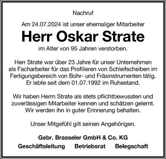 Anzeige  Oskar Strate  Lippische Landes-Zeitung