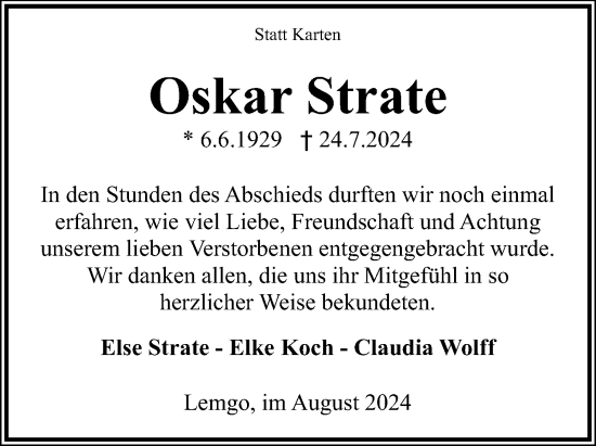 Anzeige  Oskar Strate  Lippische Landes-Zeitung