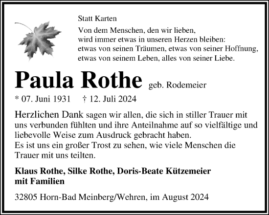 Anzeige  Paula Rothe  Lippische Landes-Zeitung