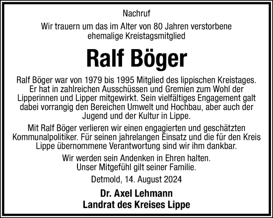 Anzeige  Ralf Böger  Lippische Landes-Zeitung