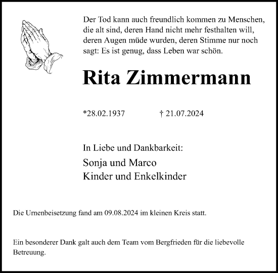 Anzeige  Rita Zimmermann  Lippische Landes-Zeitung
