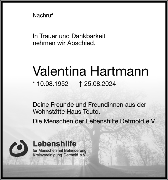 Anzeige  Valentina Hartmann  Lippische Landes-Zeitung
