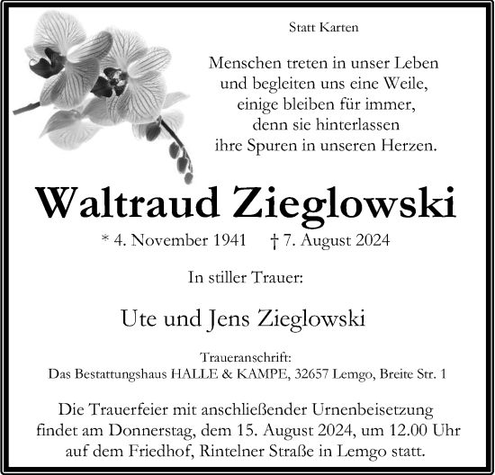 Anzeige  Waltraud Zieglowski  Lippische Landes-Zeitung