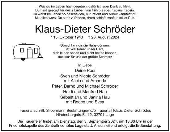 Anzeige  Klaus-Dieter Schröder   Lippische Landes-Zeitung