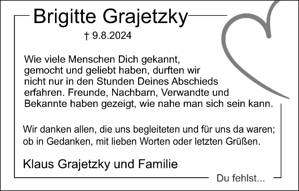  Traueranzeige für Brigitte Grajetzky vom 07.09.2024 aus Lippische Landes-Zeitung