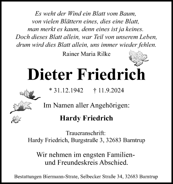 Anzeige  Dieter Friedrich  Lippische Landes-Zeitung
