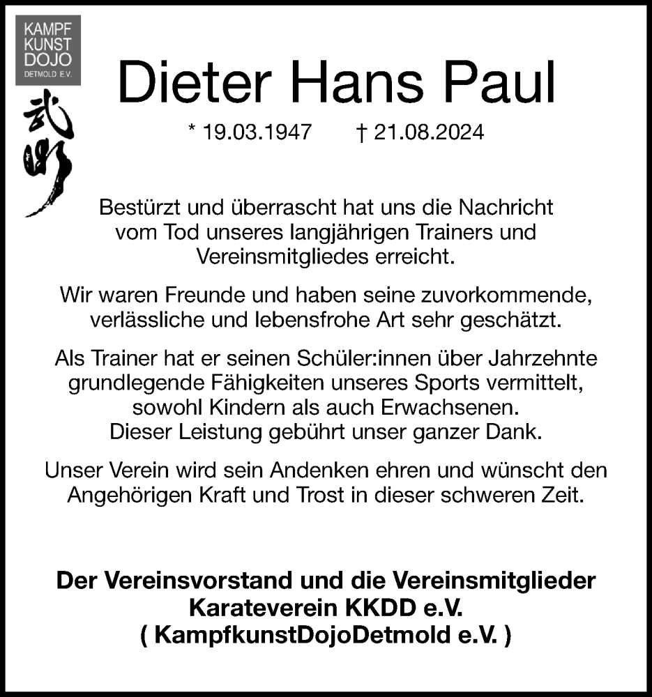  Traueranzeige für Dieter Hans Paul vom 07.09.2024 aus Lippische Landes-Zeitung