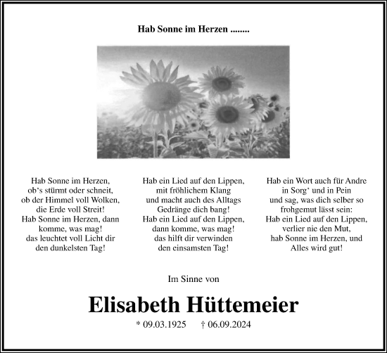 Anzeige  Elisabeth Hüttemeier  Lippische Landes-Zeitung