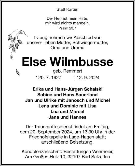 Anzeige  Else Wilmbusse  Lippische Landes-Zeitung