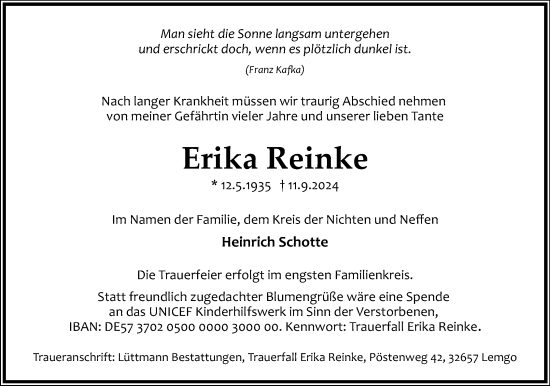 Anzeige  Erika Reinke  Lippische Landes-Zeitung