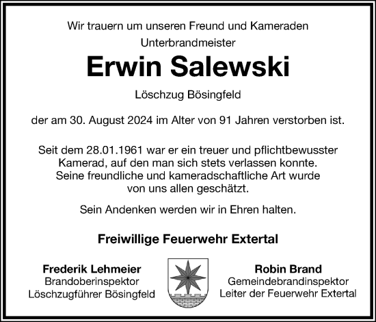 Anzeige  Erwin Salewski  Lippische Landes-Zeitung