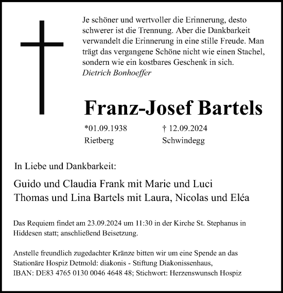 Anzeige  Franz-Josef Bartels  Lippische Landes-Zeitung