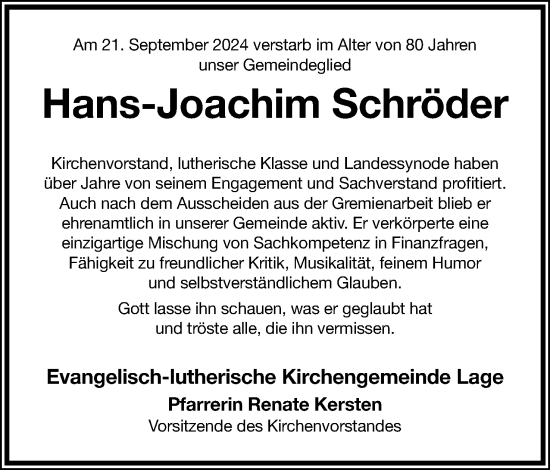 Anzeige  Hans-Joachim Schröder  Lippische Landes-Zeitung