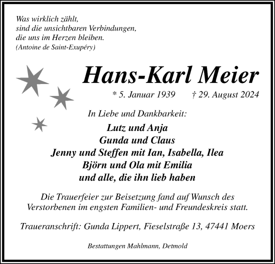 Anzeige  Hans-Karl Meier  Lippische Landes-Zeitung