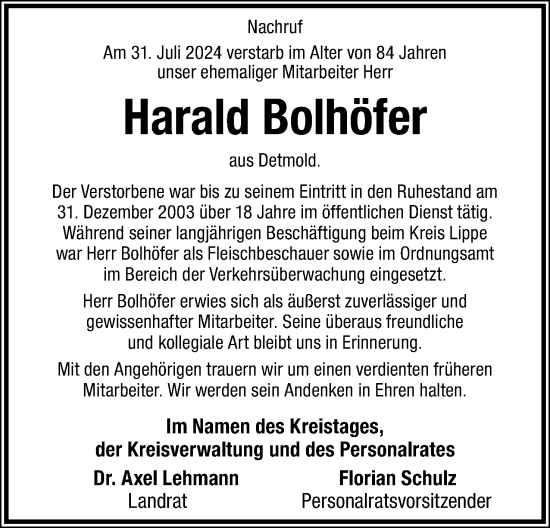 Anzeige  Harald Bolhöfer  Lippische Landes-Zeitung