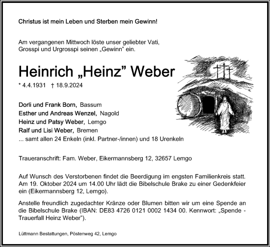 Anzeige  Heinrich  Weber  Lippische Landes-Zeitung