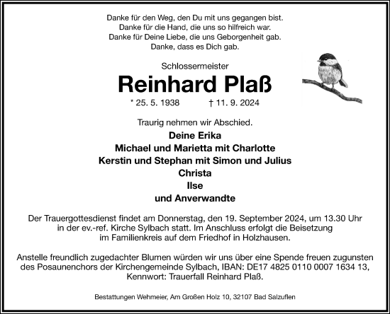 Anzeige  Reinhard Plaß  Lippische Landes-Zeitung