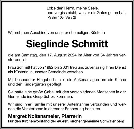 Anzeige  Sieglinde Schmitt  Lippische Landes-Zeitung