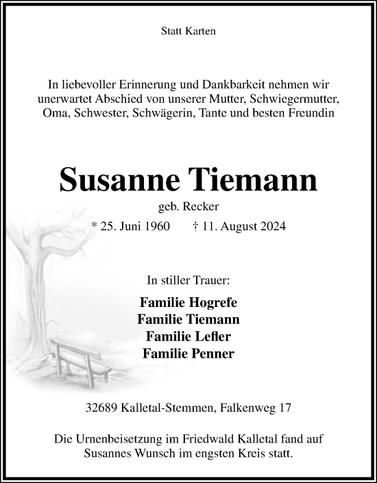 Anzeige  Susanne Tiemann  Lippische Landes-Zeitung
