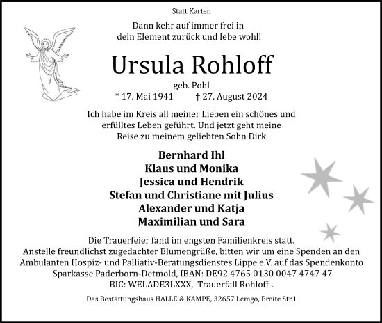 Anzeige  Ursula Rohloff  Lippische Landes-Zeitung