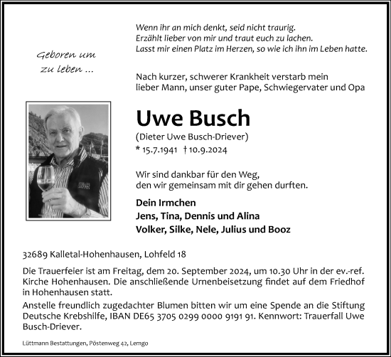 Anzeige  Uwe Busch  Lippische Landes-Zeitung