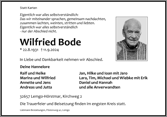 Anzeige  Wilfried Bode  Lippische Landes-Zeitung