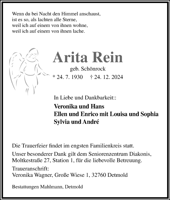 Anzeige  Arita Rein  Lippische Landes-Zeitung