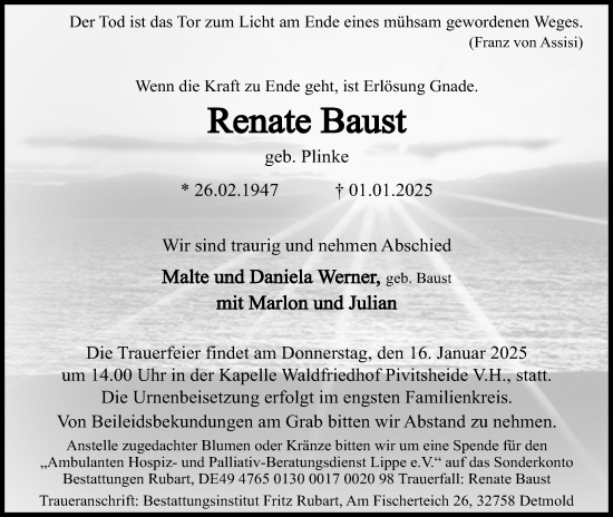 Anzeige  Renate Baust  Lippische Landes-Zeitung