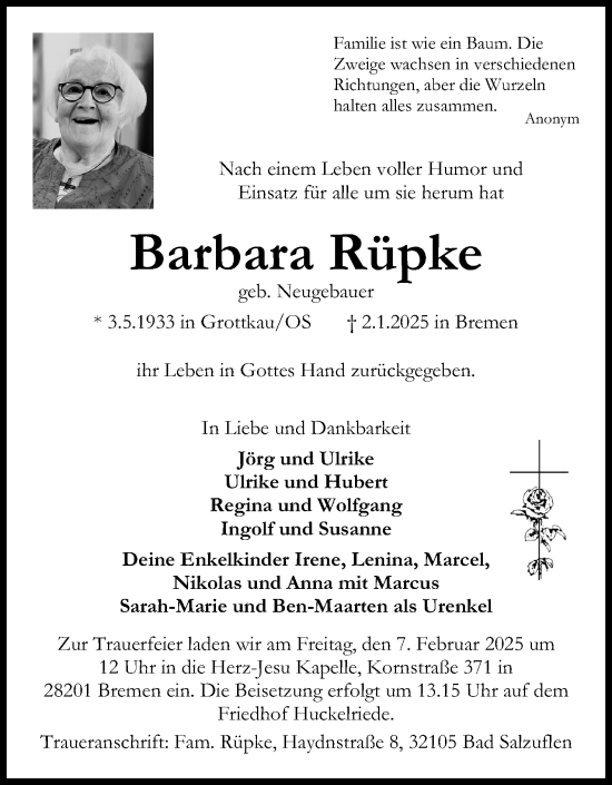Anzeige  Barbara Rüpke  Lippische Landes-Zeitung