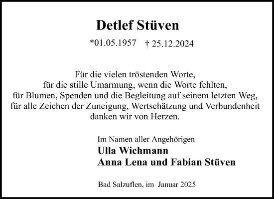 Anzeige  Detlef Stüven  Lippische Landes-Zeitung
