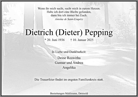Anzeige  Dietrich Pepping  Lippische Landes-Zeitung