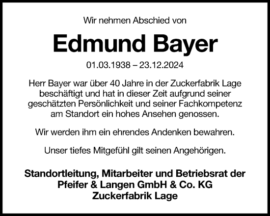 Anzeige  Edmund Bayer  Lippische Landes-Zeitung