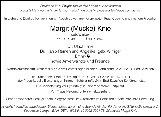 Anzeige  Margit Knie  Lippische Landes-Zeitung