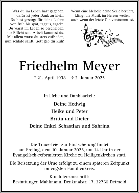 Anzeige  Friedhelm Meyer  Lippische Landes-Zeitung