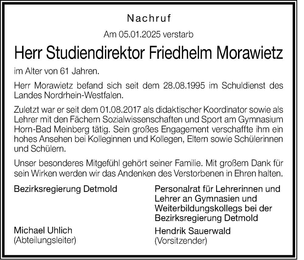  Traueranzeige für Friedhelm Morawietz vom 18.01.2025 aus Lippische Landes-Zeitung