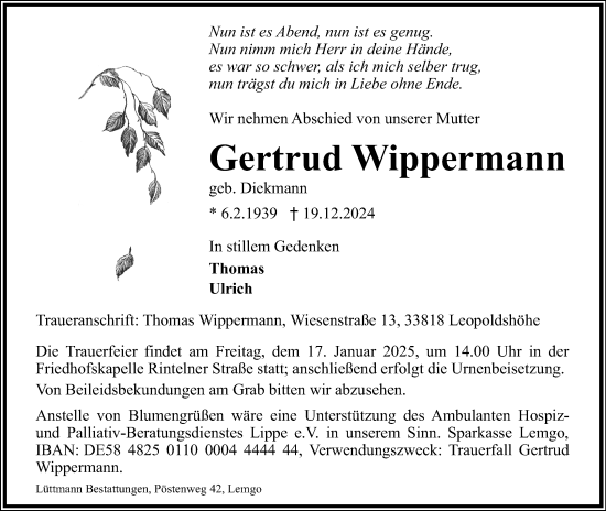 Anzeige  Gertrud Wippermann  Lippische Landes-Zeitung
