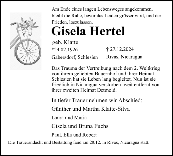 Anzeige  Gisela Hertel  Lippische Landes-Zeitung