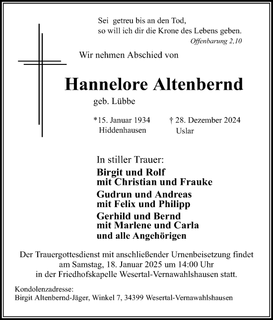 Anzeige  Hannelore Altenbernd  Lippische Landes-Zeitung