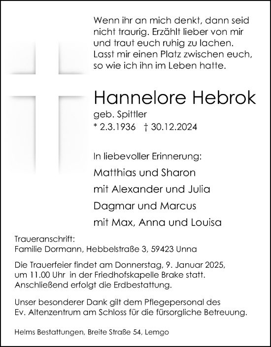 Anzeige  Hannelore Hebrok  Lippische Landes-Zeitung