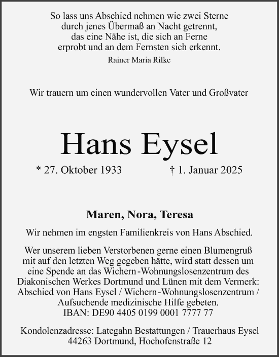 Anzeige  Hans Eysel  Lippische Landes-Zeitung