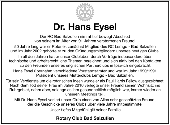 Anzeige  Hans Eysel  Lippische Landes-Zeitung