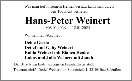 Anzeige  Hans-Peter Weinert  Lippische Landes-Zeitung