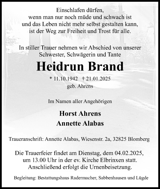 Anzeige  Heidrun Brand  Lippische Landes-Zeitung