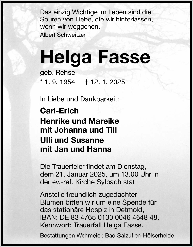  Traueranzeige für Helga Fasse vom 18.01.2025 aus Lippische Landes-Zeitung