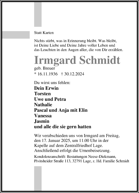 Anzeige  Irmgard Schmidt  Lippische Landes-Zeitung
