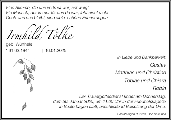 Anzeige  Irmhild Tölke  Lippische Landes-Zeitung