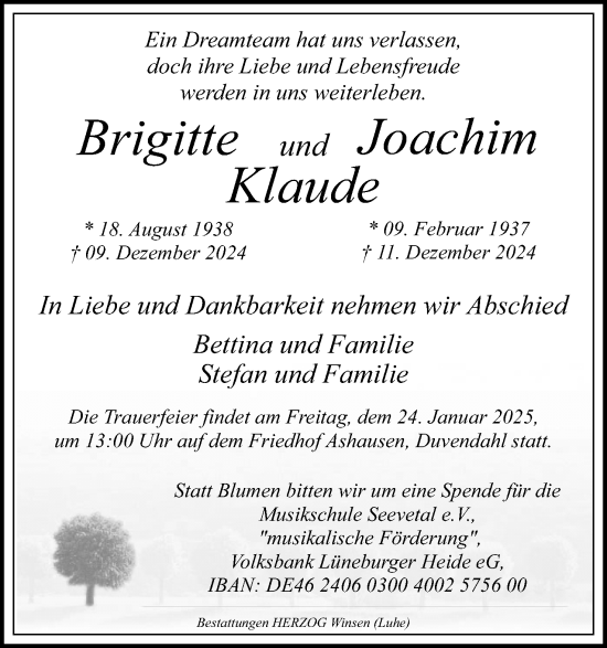 Anzeige  Joachim Klaude  Lippische Landes-Zeitung
