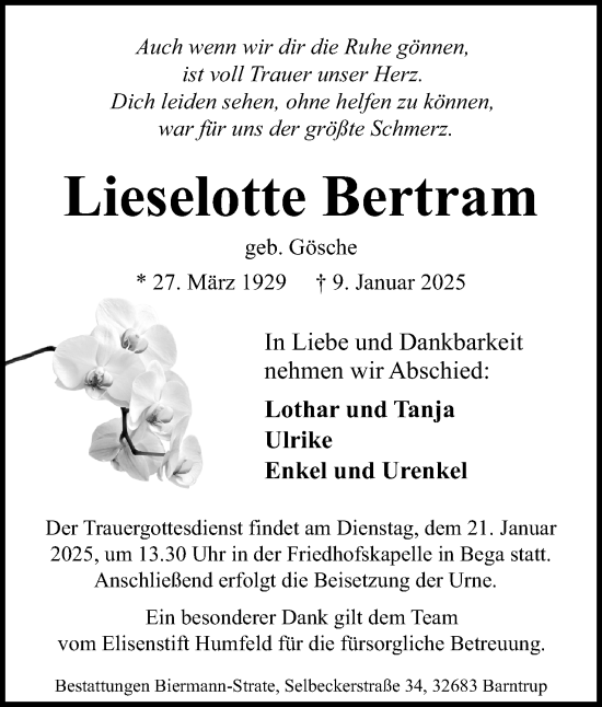 Anzeige  Lieselotte Bertram  Lippische Landes-Zeitung