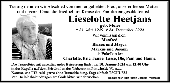 Anzeige  Lieselotte Heetjans  Lippische Landes-Zeitung