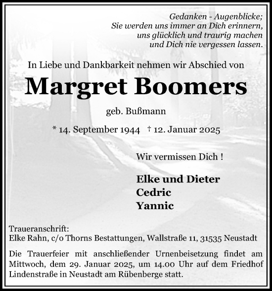 Anzeige  Margret Boomers  Lippische Landes-Zeitung